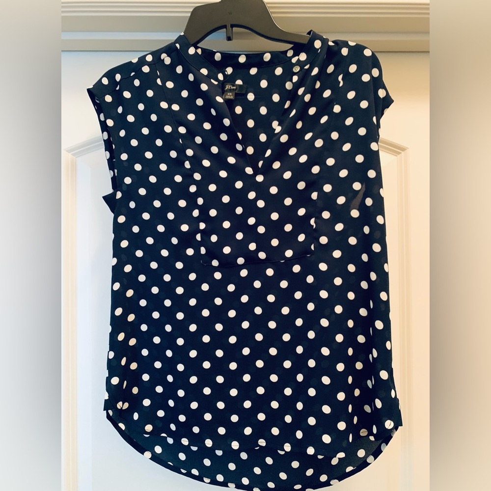 J. Crew Navy and White Polka Dot Blouse